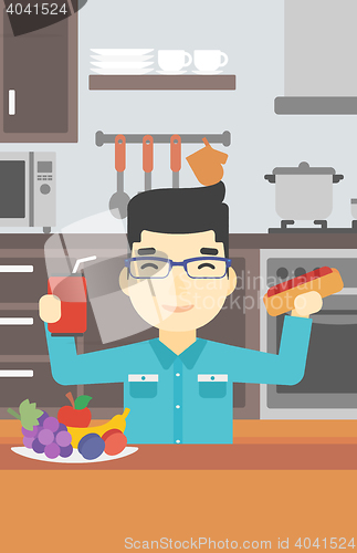 Image of Man eating fast food vector illustration.