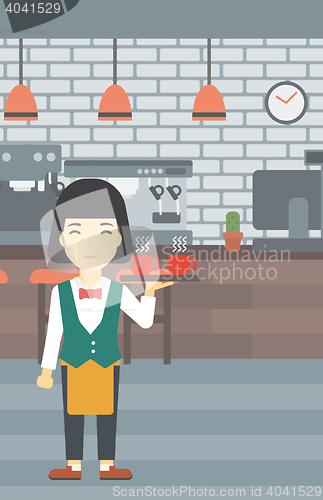 Image of Waitress holding tray with cups of coffeee or tea.