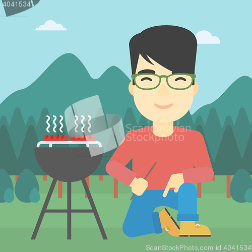 Image of Man cooking meat on barbecue vector illustration.