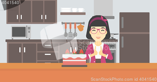 Image of Woman looking at cake with temptation.