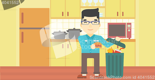 Image of Man throwing junk food vector illustration.