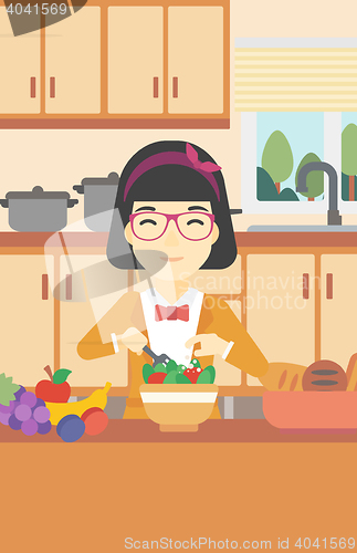 Image of Woman cooking vegetable salad vector illustration.