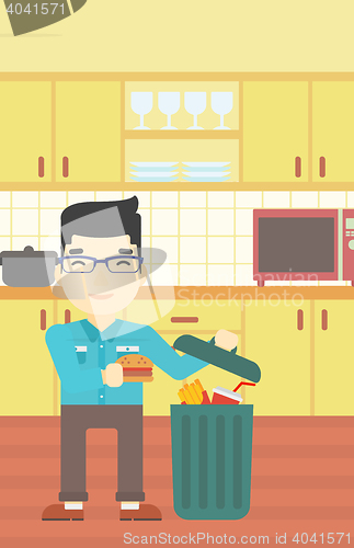 Image of Man throwing junk food vector illustration.