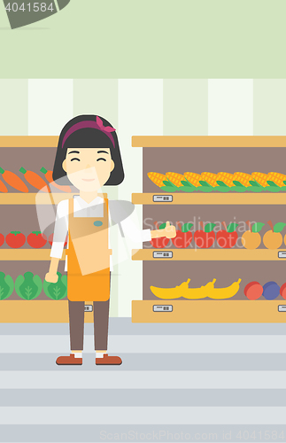 Image of Friendly supermarket worker vector illustration.