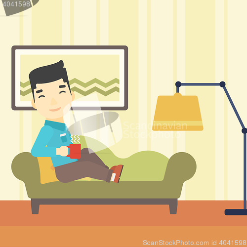 Image of Man lying with cup of tea vector illustration.