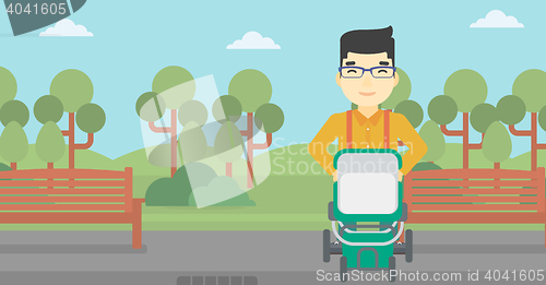 Image of Father walking with baby stroller.