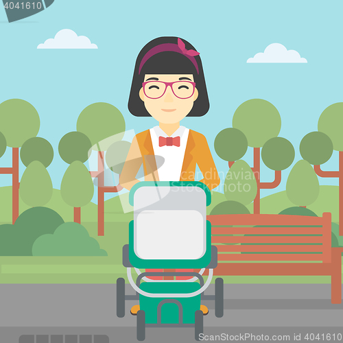 Image of Mother walking with baby stroller.