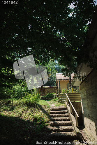 Image of Summer backyard with staircase