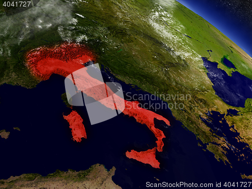 Image of Italy from space highlighted in red