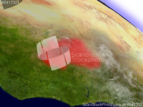 Image of Burkina Faso from space highlighted in red