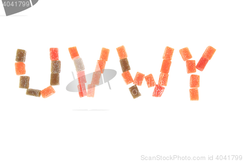 Image of candy fruit cubes alphabet