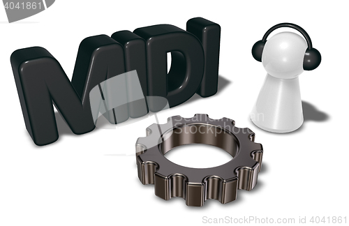 Image of midi tag, gear wheel and pawn with headphones - 3d rendering