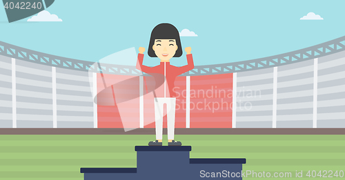 Image of Sportswoman celebrating on the winners podium.