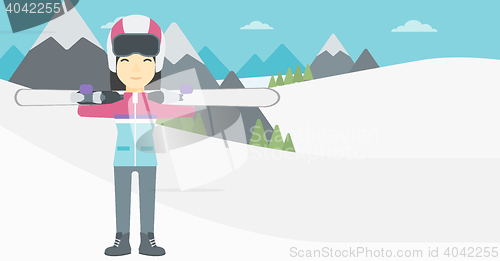 Image of Woman holding skis vector illustration.