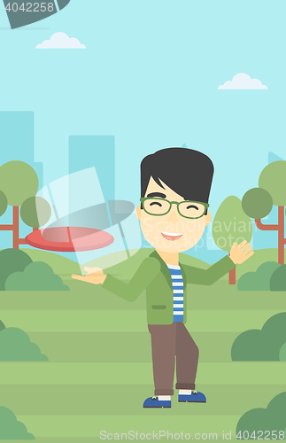 Image of Man playing flying disc vector illustration.