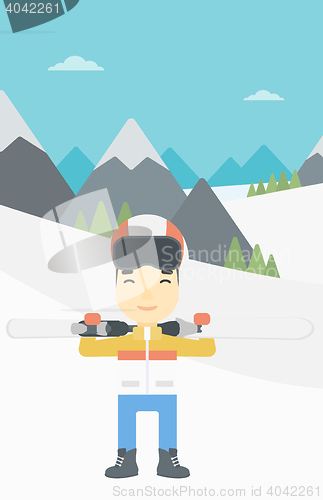 Image of Man holding skis vector illustration.