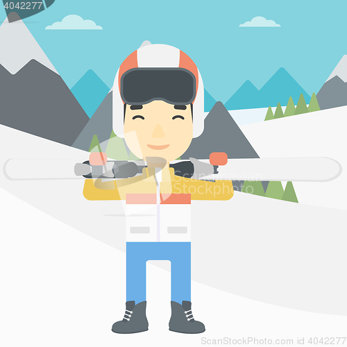 Image of Man holding skis vector illustration.