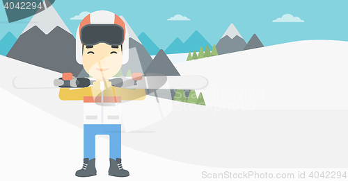 Image of Man holding skis vector illustration.