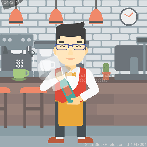 Image of Waiter holding bottle of wine vector illustration.