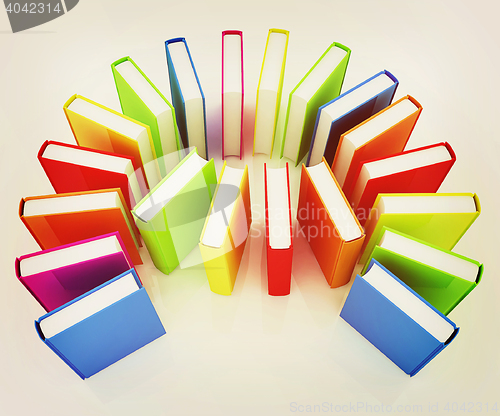 Image of colorful real books. 3D illustration. Vintage style.