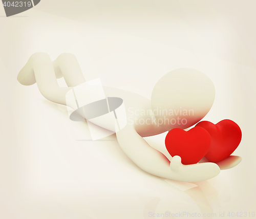Image of 3D human lying and holds hearts. 3D illustration. Vintage style.
