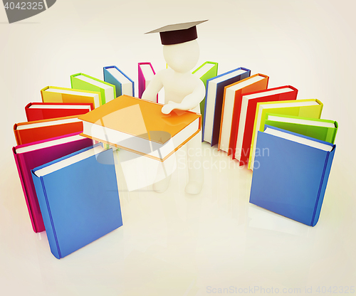 Image of 3d white man in a graduation hat with useful books - best gift a