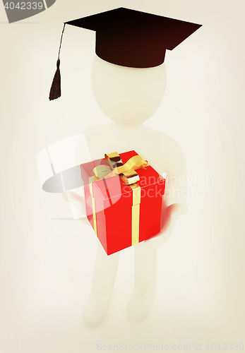 Image of 3d man in graduation hat with gift on a white background. 3D ill