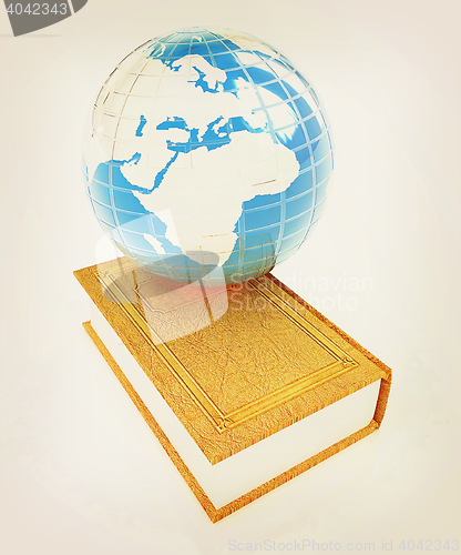 Image of leather book and Earth. 3D illustration. Vintage style.