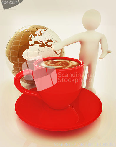 Image of 3d people - man, person presenting - Mug of coffee with milk. Gl