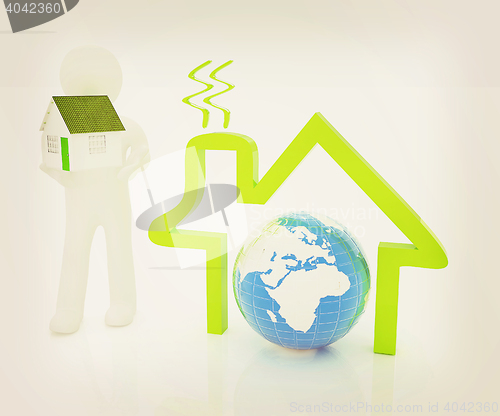 Image of 3d man, house icon and earth. 3D illustration. Vintage style.