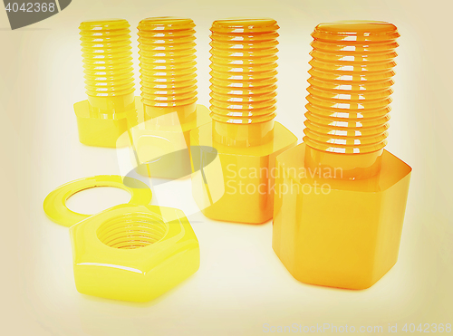 Image of Colorful nuts and bolts . 3D illustration. Vintage style.