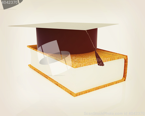 Image of Graduation hat on a leather book. 3D illustration. Vintage style