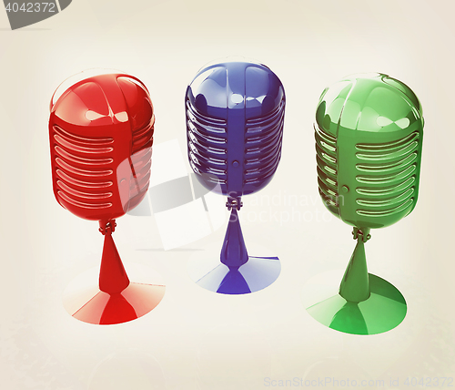 Image of 3d rendering of a microphones. 3D illustration. Vintage style.