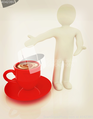 Image of 3d people - man, person presenting - Mug of coffee with milk. 3D