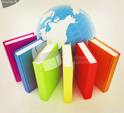 Image of Colorful books and earth. 3D illustration. Vintage style.