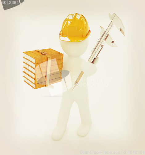 Image of 3d man engineer in hard hat with vernier caliper and best techni