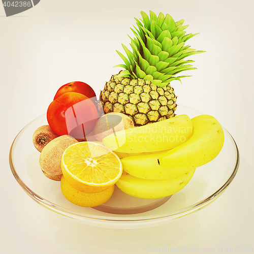 Image of Citrus in a glass dish. 3D illustration. Vintage style.