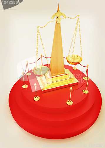 Image of Gold scales of justice on 3d carpeting podium with gold handrail