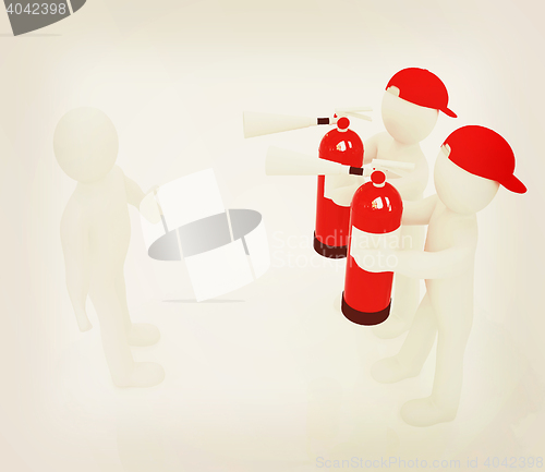 Image of 3d mans with red fire extinguisher. The concept of confrontation