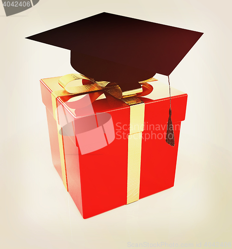 Image of graduation hat on a red gift. 3D illustration. Vintage style.