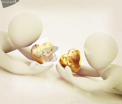 Image of 3D humans lying and holds heart. 3D illustration. Vintage style.