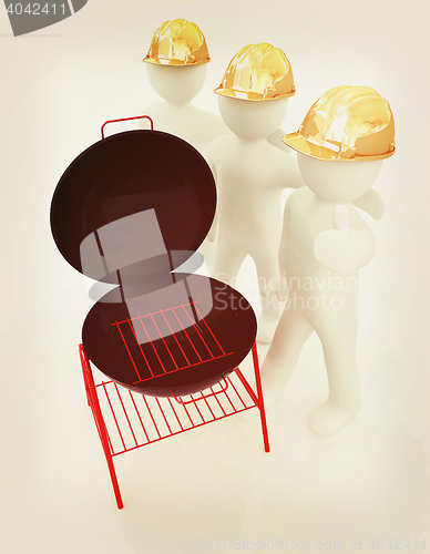 Image of 3d mans in a hard hat with thumb up and barbecue grill. 3D illus