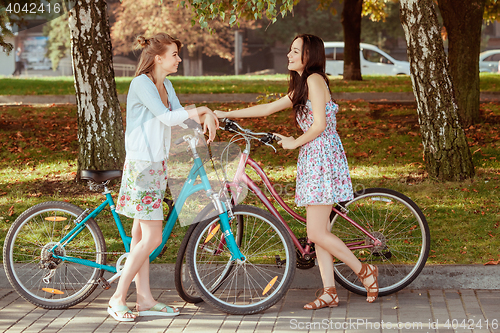 Image of The two young girls with bicycles in park