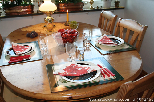 Image of Laid table with crayfish