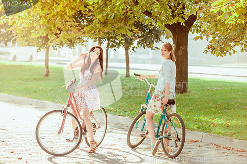 Image of The two young girls with bicycles in park