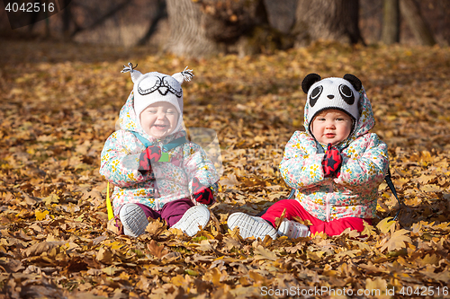 Image of The two little baby girls sitting in autumn leaves