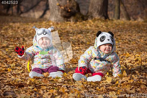 Image of The two little baby girls sitting in autumn leaves