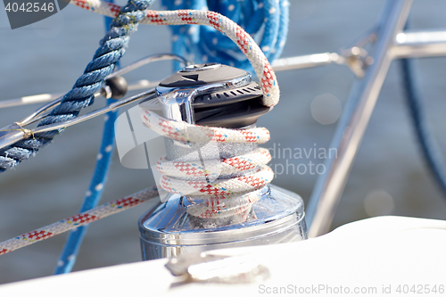 Image of close up of mooring rope on sailboat or yacht