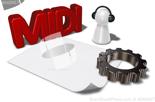 Image of midi tag, gear wheel and pawn with headphones - 3d rendering