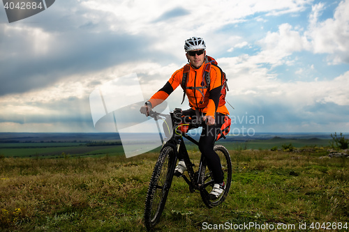 Image of Young man cycling on a rural road through green meadow